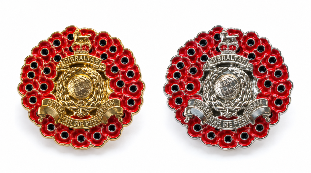 Royal Marines Commando Globe and Laurel Poppy Wreath Badge in gold or silver finish