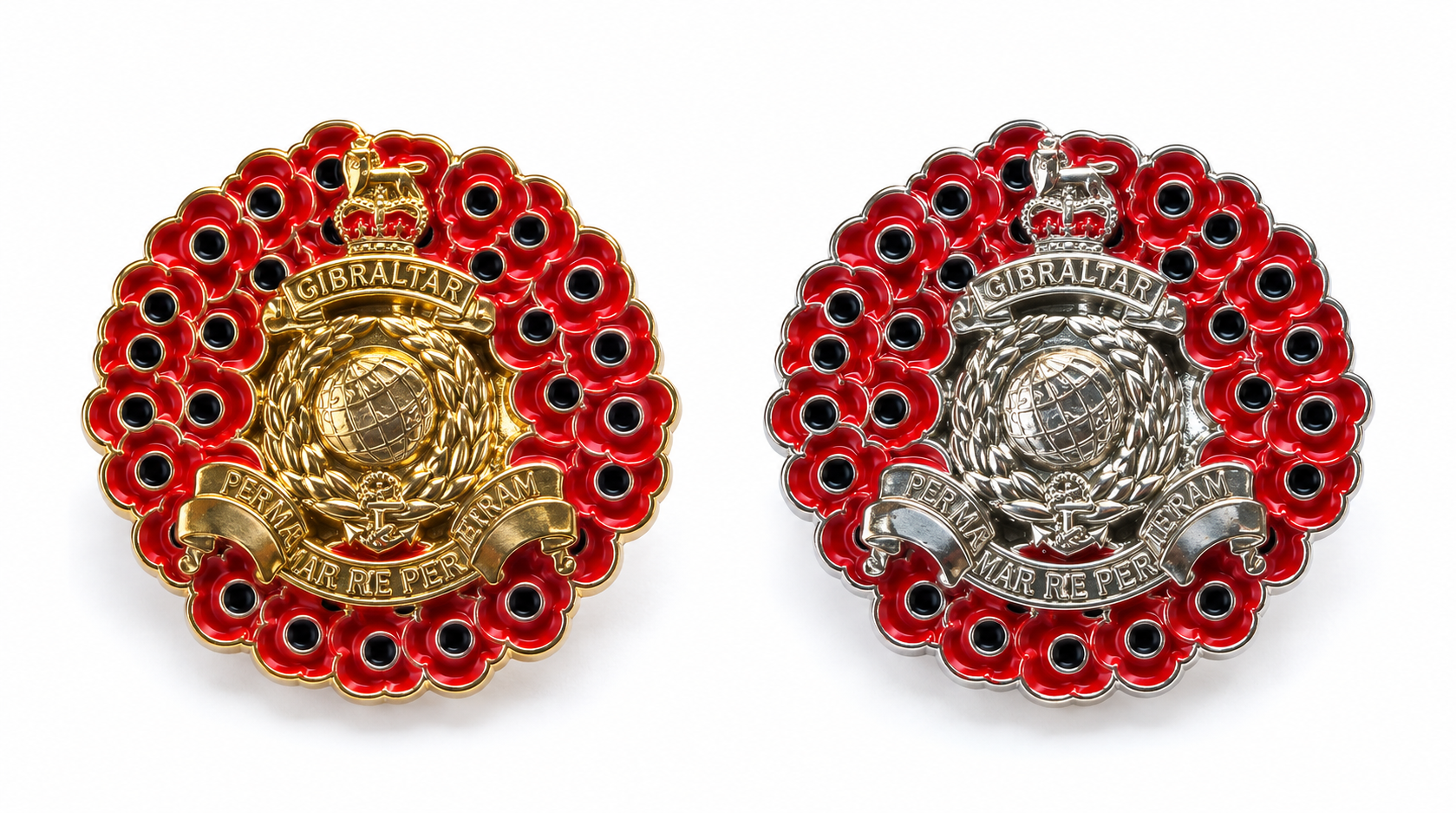 Royal Marines Commando Globe and Laurel Poppy Wreath Badge in gold or silver finish